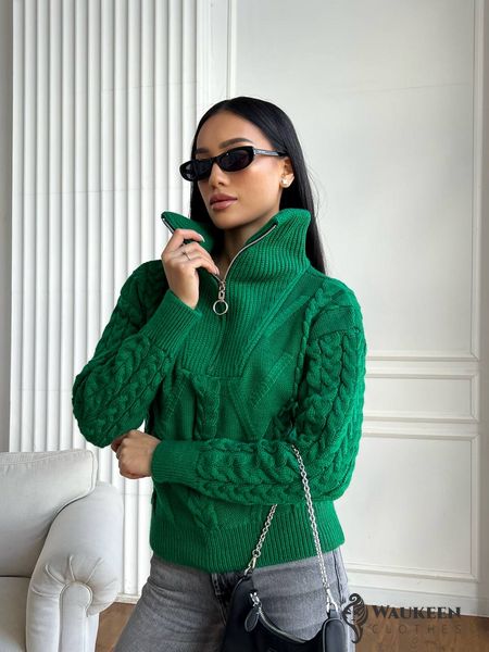 Жіночий светр з V-подібним коміром та блискавкою колір зелений р.42/46 445973 445973 фото