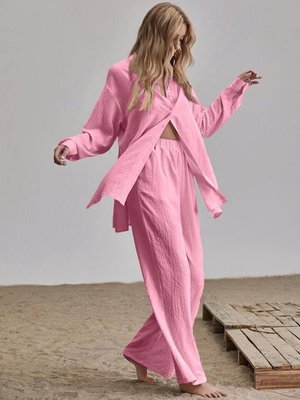 Жіночий лляний костюм двійка колір рожевий р.48/50 459039 459039 фото