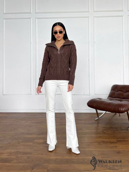 Жіночий светр з V-подібним коміром та блискавкою колір коричневий р.42/46 445975 445975 фото