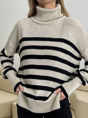Жіночий смугастий светр колір бежевий/чорний р.42/46 444013 444013 фото