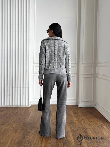 Жіночий светр з V-подібним коміром та блискавкою колір сірий р.42/46 445970 445970 фото