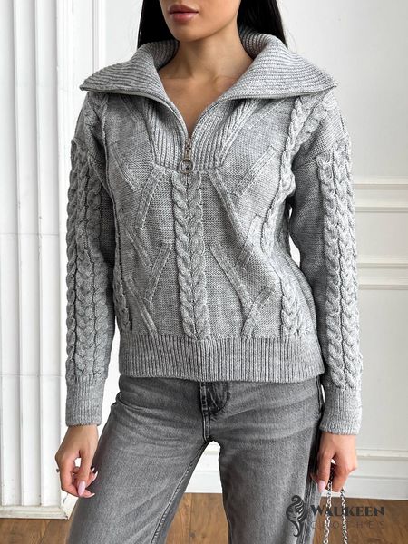 Жіночий светр з V-подібним коміром та блискавкою колір сірий р.42/46 445970 445970 фото