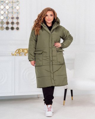 Жіноча тепла куртка-пальто з капюшоном колір хакі р.46/48 449026 449026 фото