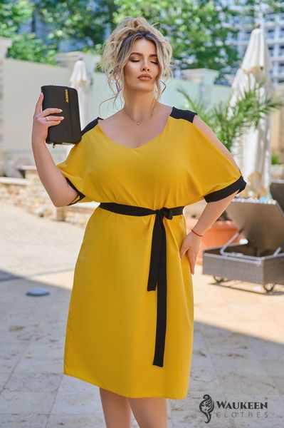 Жіноча сукня з поясом колір жовтий р.48/50 437735 437735 фото