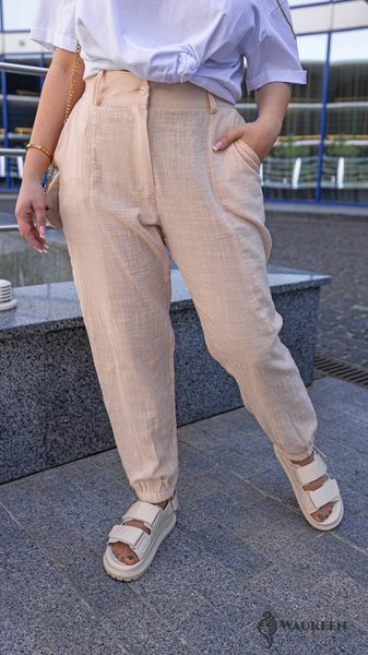 Жіночі льняні штани колір бежевий р.48/50 455570 455570 фото