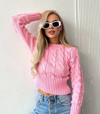 Жіночий светр укорочений з візерунком коси рожевого кольору р.42/46 396786 396786 фото