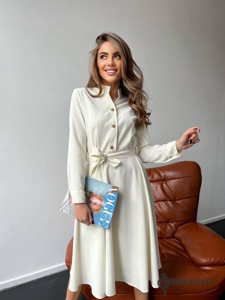 Жіноча сукня із вельвету з поясом колір молочний р.42/44 450326 450326 фото