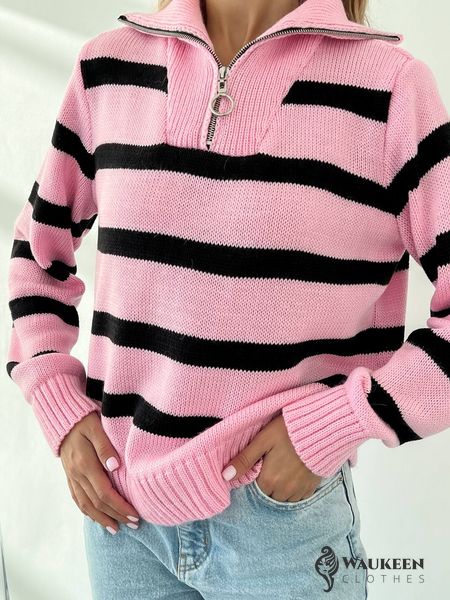 Жіночий светр вовняний в смужку з блискавкою рожевий з чорним р.42/46 396781 396781 фото