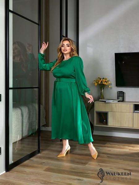 Жіноча сукня міді з шовку колір зелений р.46/48 459117 459117 фото