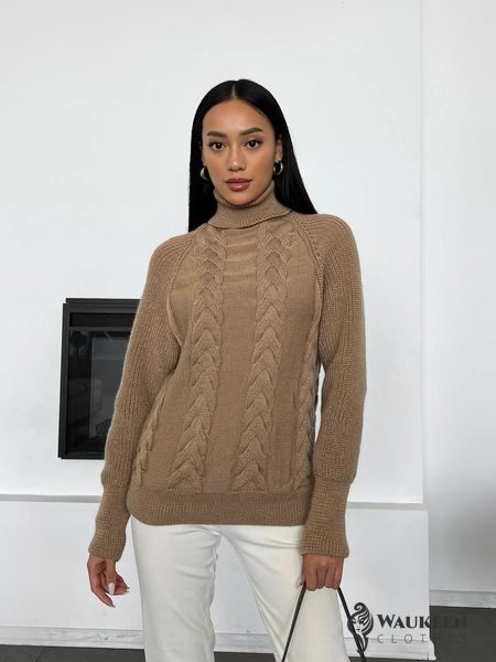 Жіночий в'язаний светр з об'ємними рукавами колір кемел р.42/46 443577 443577 фото