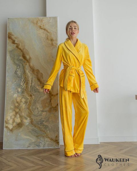 Жіноча піжама велюр Eva на запах жовтого кольору р.L 443804 443804 фото
