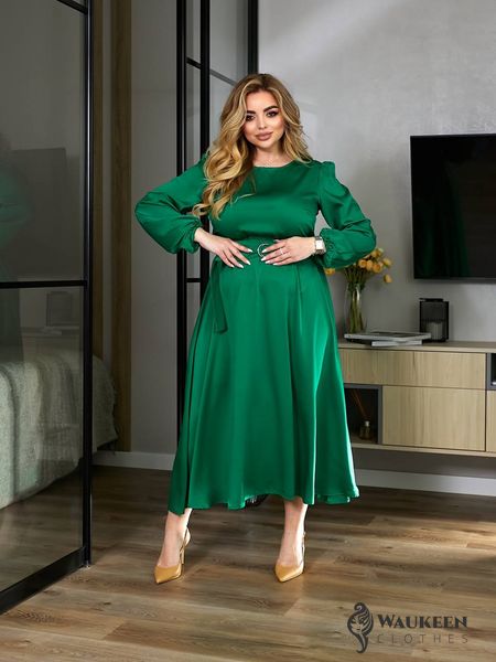 Жіноча сукня міді з шовку колір зелений р.46/48 459117 459118 фото