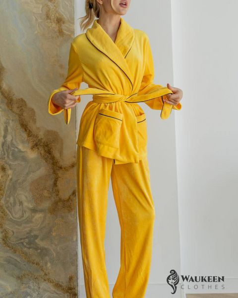 Жіноча піжама велюр Eva на запах жовтого кольору р.M 443803 443803 фото