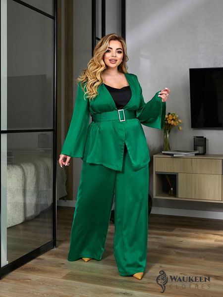 Жіночий костюм-двійка з шовку колір зелений р.58/60 454686 454686 фото