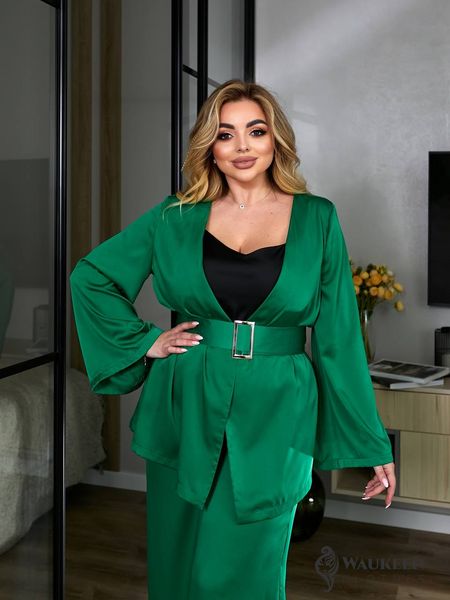 Жіночий костюм-двійка з шовку колір зелений р.58/60 454686 454686 фото