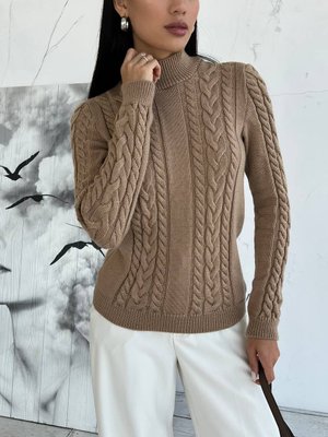 Жіночий в'язаний светр з візерунком коси колір кемел р.42/46 443570 443570 фото