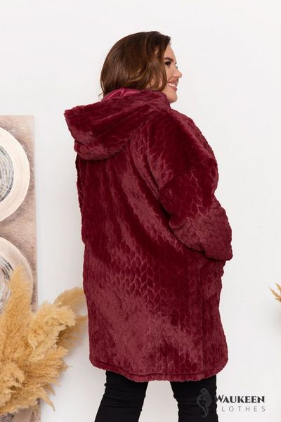 Жіноча подовжена хутряна курточка бордового кольору р.56 375603 375617 фото