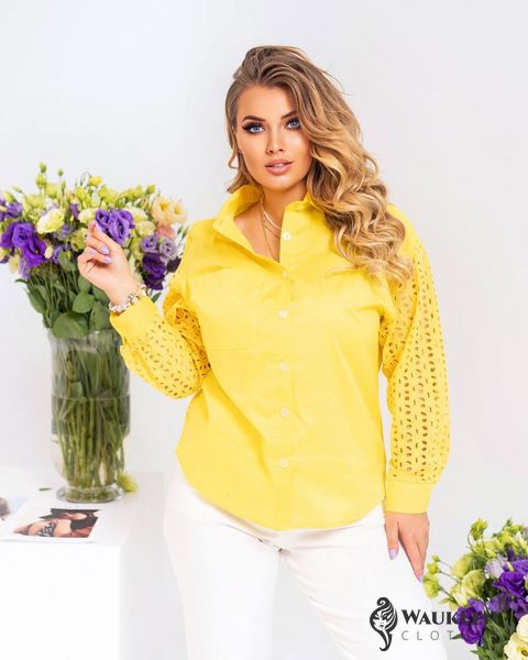 Жіноча сорочка з котону та прошви жовтого кольору р.58/60 380981 380981 фото
