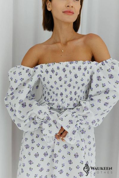 Жіноче плаття з мусліну колір білий принт лілові квіти р.L 459196 459196 фото