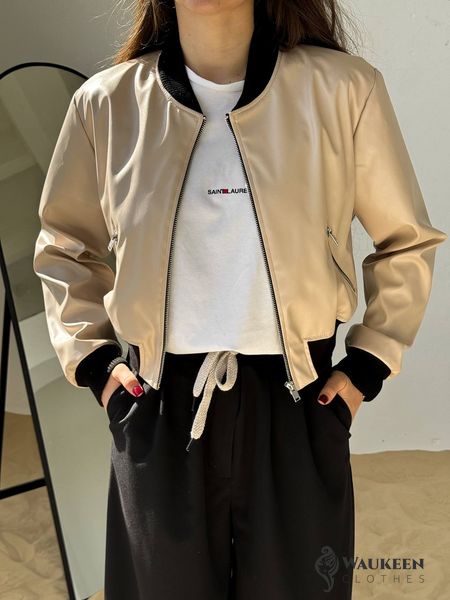 Жіноча куртка бомбер з еко шкіри колір бежевий р.42/44 454391 454391 фото