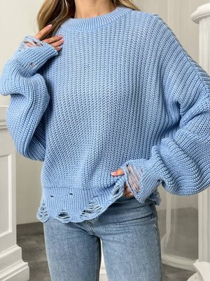 Женский свитер с дырками голубого цвета р.42/46 407261 407261 фото