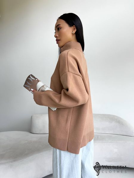 Жіночий светр із блискавкою із жаккардової в'язки колір кемел р.42/46 441548 441548 фото