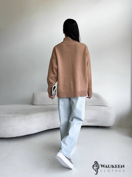 Жіночий светр із блискавкою із жаккардової в'язки колір кемел р.42/46 441548 441548 фото
