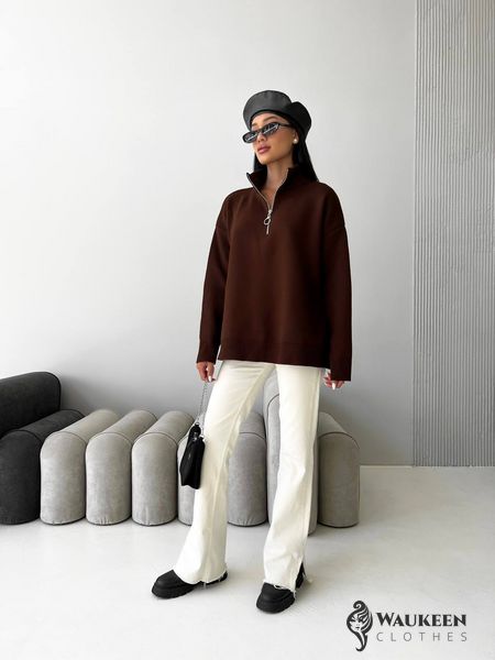 Жіночий светр із блискавкою із жаккардової в'язки колір коричневий р.42/46 441551 441551 фото