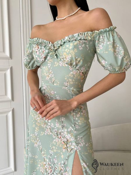 Жіноча літня сукня міді колір оливковий р.46 437215 437215 фото