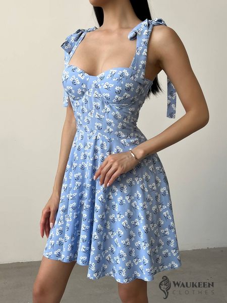 Жіноче плаття із зав'язками на плечах колір блакитний р.46 438069 438069 фото