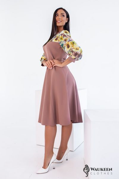 Жіноча сукня зі вставками із принтованого шифону бежева 381706 381711 фото
