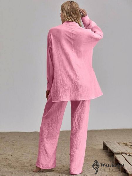 Жіночий лляний костюм двійка колір рожевий р.48/50 459039 459039 фото