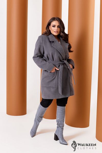 Жіноче пальто із кашеміру на підкладці з поясом сірий р.48/50 376133 376187 фото