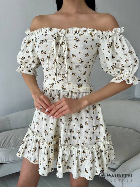 Жіноча літня сукня з мусліну колір молоко-гірчичний р.46/48 437211 437211 фото
