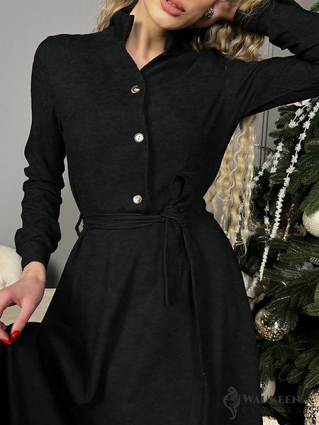 Жіноча сукня із вельвету з поясом колір чорний р.50/52 446359 446359 фото