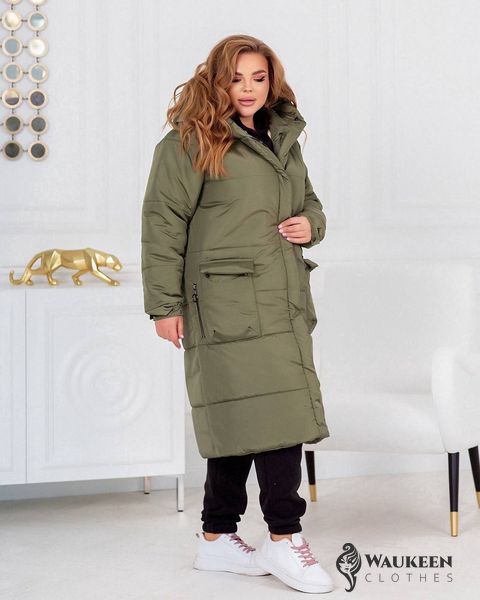 Жіноча тепла куртка-пальто з капюшоном колір хакі р.42/44 448985 448985 фото