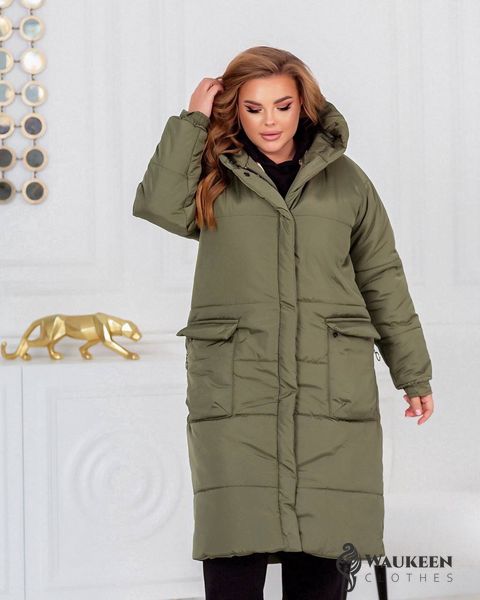 Жіноча тепла куртка-пальто з капюшоном колір хакі р.46/48 449026 449026 фото
