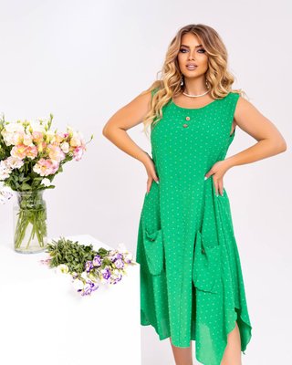 Жіноча вільна сукня прикрашена декоративними кишенями з ґудзиком зеленого кольору р.54/56 435595 435597 фото