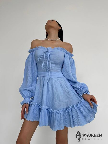 Жіноча сукня з рюшами колір блакитний р.42/44 432165 432177 фото