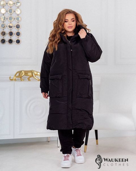 Жіноча тепла куртка-пальто з капюшоном колір чорний р.42/44 448984 448984 фото