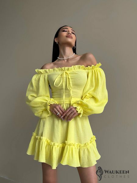 Жіноча сукня з рюшами колір жовтий р.42/44 432166 432177 фото