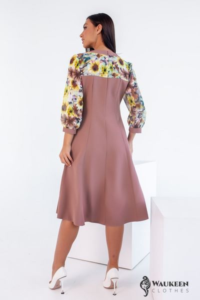 Жіноча сукня зі вставками із принтованого шифону бежева р.48/50 381709 381711 фото