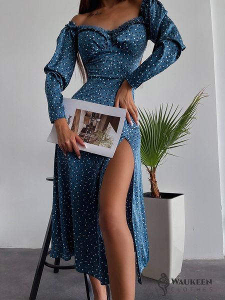Женское весеннее платье из шелка синего цвета р.46 406535 406535 фото