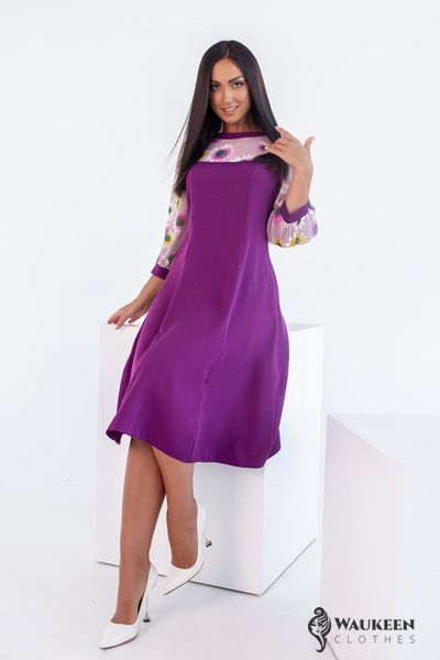 Женское платье со вставками из принтованого шифона фиоелтовое р.48/50 381713 381711 фото