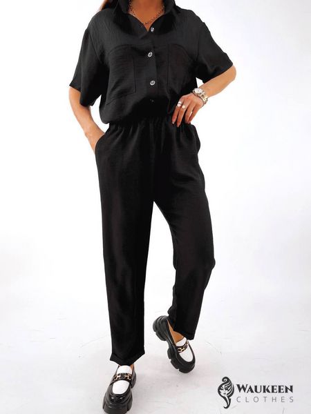 Женский льняной костюм рубашка и брюки черного цвета р.60/62 382943 382929 фото