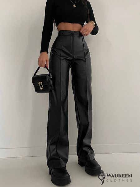 Женские брюки с эко кожи на флисе цвет черный р.42/44 448204 448204 фото