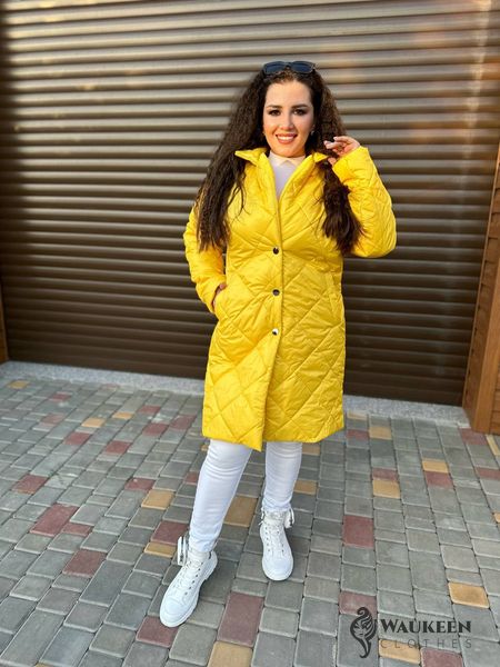 Жіноче стьобане пальто до колін колір жовтий р.50/52 442906 442906 фото