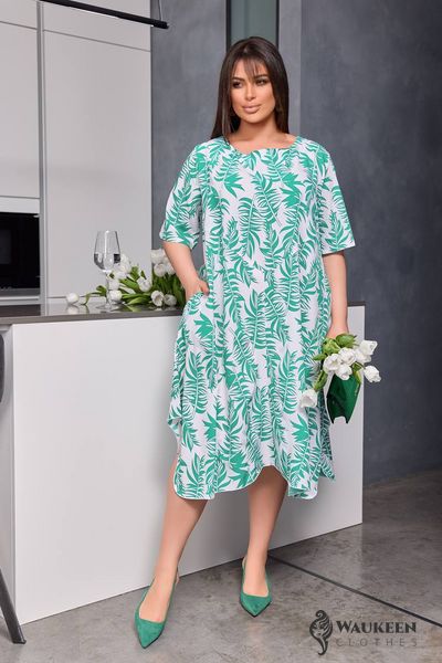 Жіноча сукня із софту колір білий-зелений р.50/52 453418 453418 фото