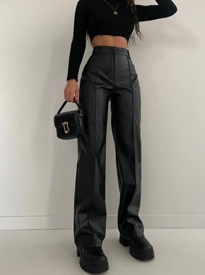 Женские брюки с эко кожи на флисе цвет черный р.44/46 448205 448205 фото