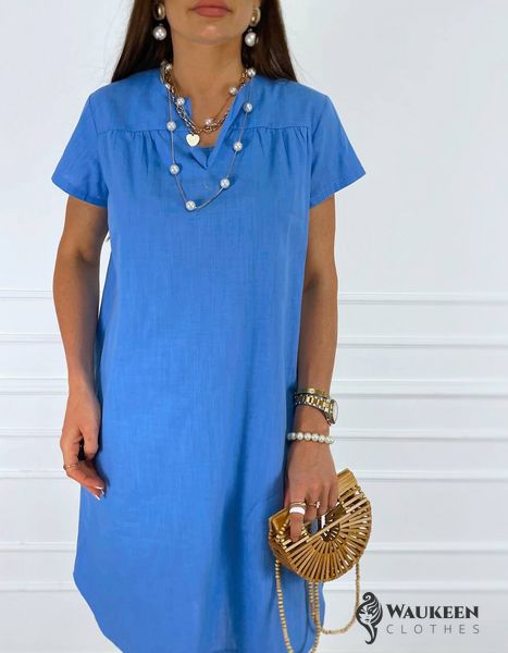 Женское льняное платье свободного кроя голубого цвета р.46/48 359097 359097 фото